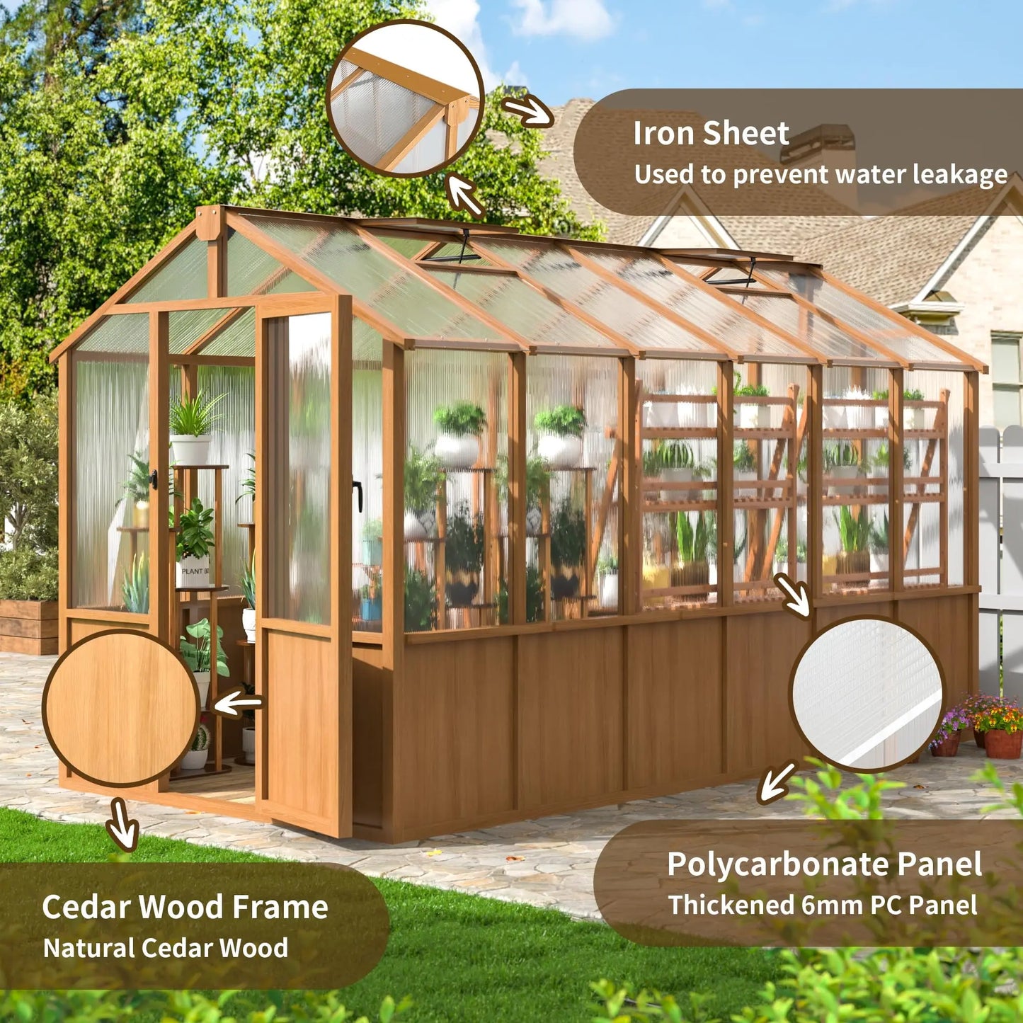 Multiple Sizes Wooden Greenhouse, 6x8~8x16FT Wooden Greenhouse Vent Roof UV Protection for Backyard Garden Patio
