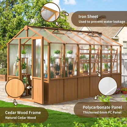 Multiple Sizes Wooden Greenhouse, 6x8~8x16FT Wooden Greenhouse Vent Roof UV Protection for Backyard Garden Patio