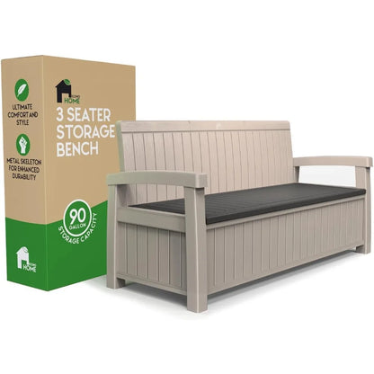 3 Seat Outdoor Storage Bench - 90 Gallon Capacity - Weatherproof Resin Bench for Patio, Porch, Garden, Yard, Pool Area