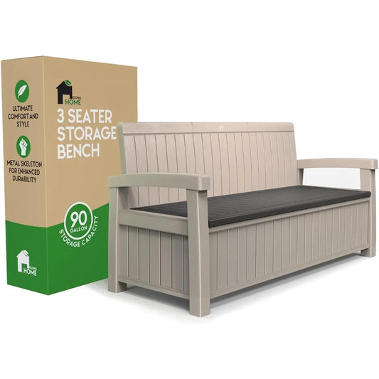 3 Seat Outdoor Storage Bench - 90 Gallon Capacity - Weatherproof Resin Bench for Patio, Porch, Garden, Yard, Pool Area