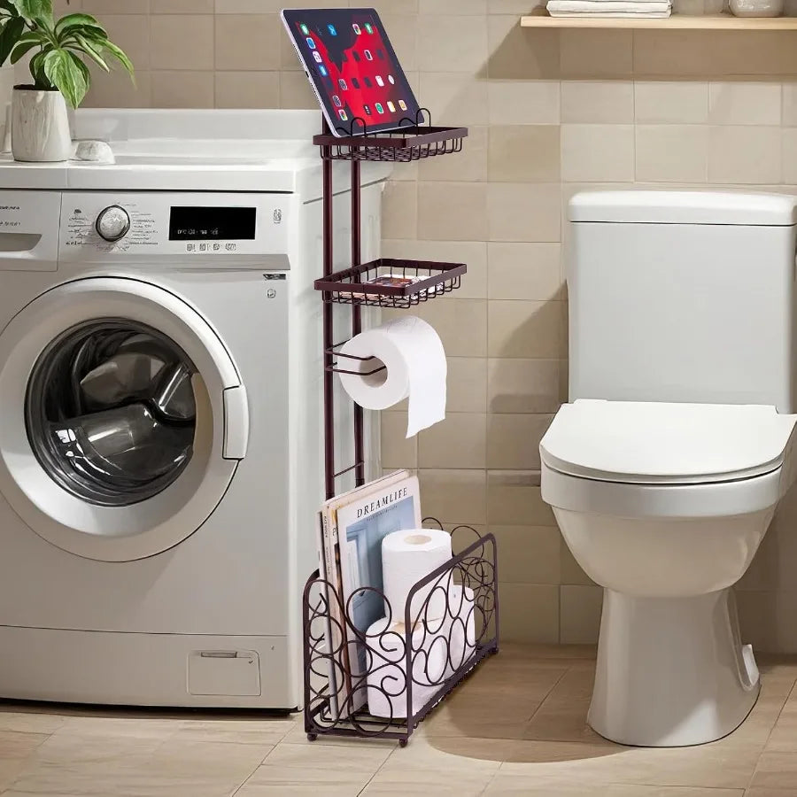 Freestanding Bronze Metal Toilet Paper Holder Tissue Rack Stand with Magazine Storage Basket for Bathroom Organization and Conv