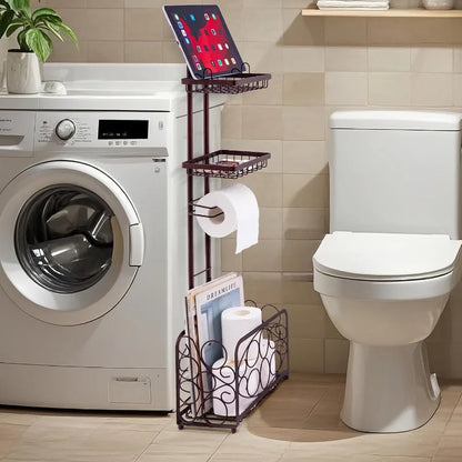 Freestanding Bronze Metal Toilet Paper Holder Tissue Rack Stand with Magazine Storage Basket for Bathroom Organization and Conv