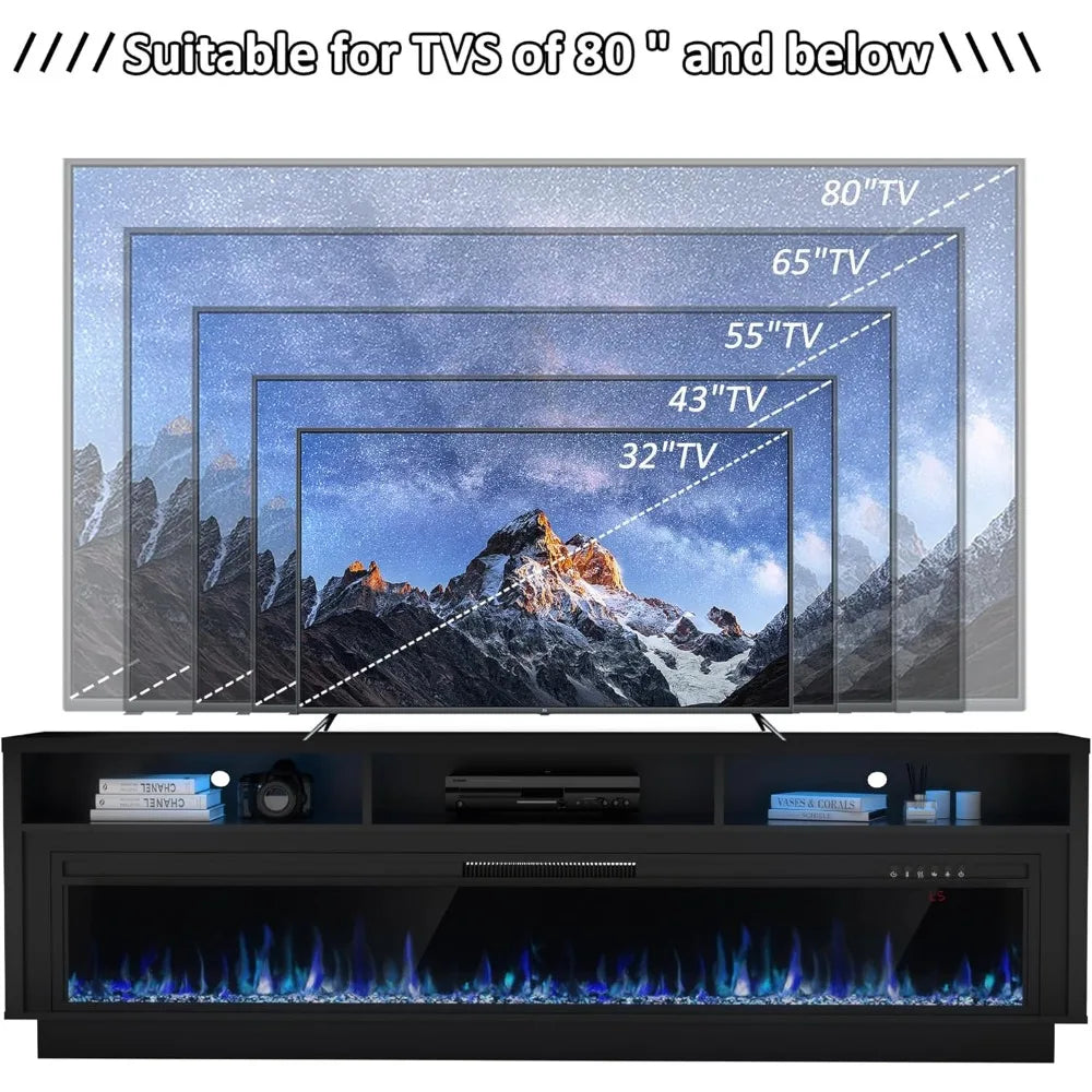 70" Fireplace TV Stand for TVs Up to 80" with 64" Electric Fireplace, TV Console for The Living Room, LED Light Entertainment C
