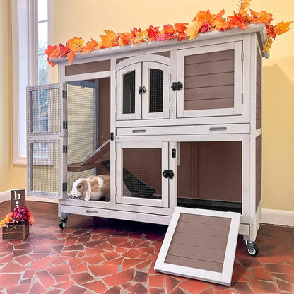 Rabbit Hutch Indoor Bunny House Guinea Pig Cage with Sliding Plastic Trays, Wheels & Ramp, Multi-Door Wooden Small Animal Cage
