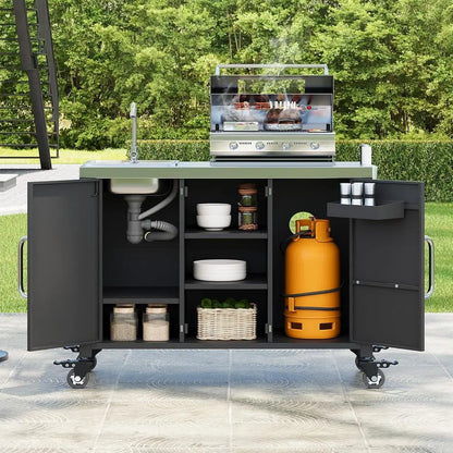 55.5" Outdoor Kitchen Island, Metal Grill Cart Table with 304 StainlSteel Sink, Outdoor Bar Cart Sink Station with 4 Lockable Wh