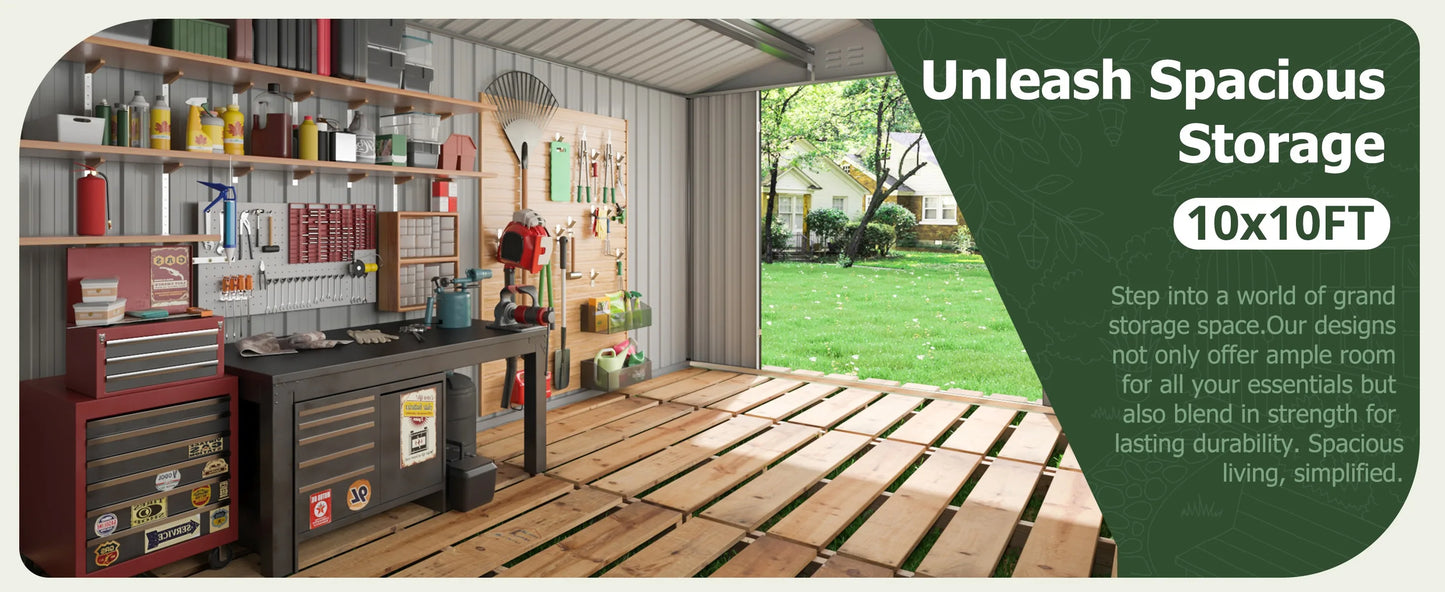 10x12/12x14FT Galvanized Steel Storage Shed Heavy Duty Lockable Hasp Door Black/White Roof Garden Tool Shed for Backyard Patio