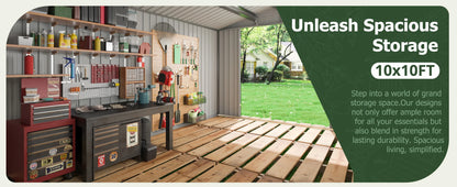 10x12/12x14FT Galvanized Steel Storage Shed Heavy Duty Lockable Hasp Door Black/White Roof Garden Tool Shed for Backyard Patio