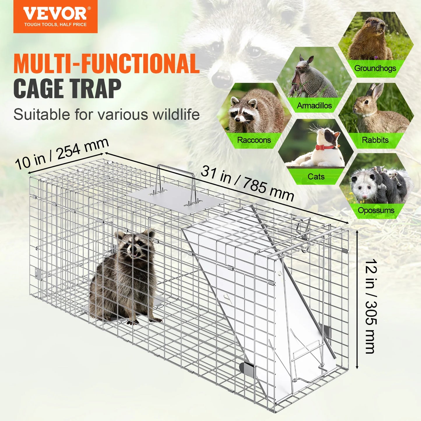 24/31/42/50in Animal Cage Trap Folding Humane Cat Trap Galvanized Iron with Handle for Rabbits Squirrels Groundhogs