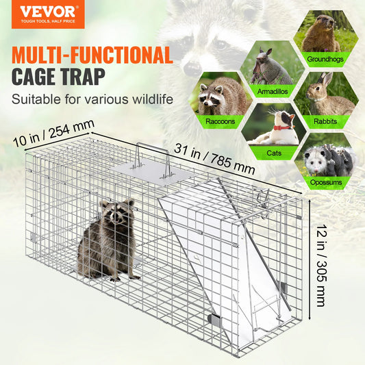 24/31/42/50in Animal Cage Trap Folding Humane Cat Trap Galvanized Iron with Handle for Rabbits Squirrels Groundhogs