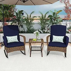 3-Piece Patio Furniture Set, 2wickerOutdoor Rocking Chairs with Rattan Coffee Table