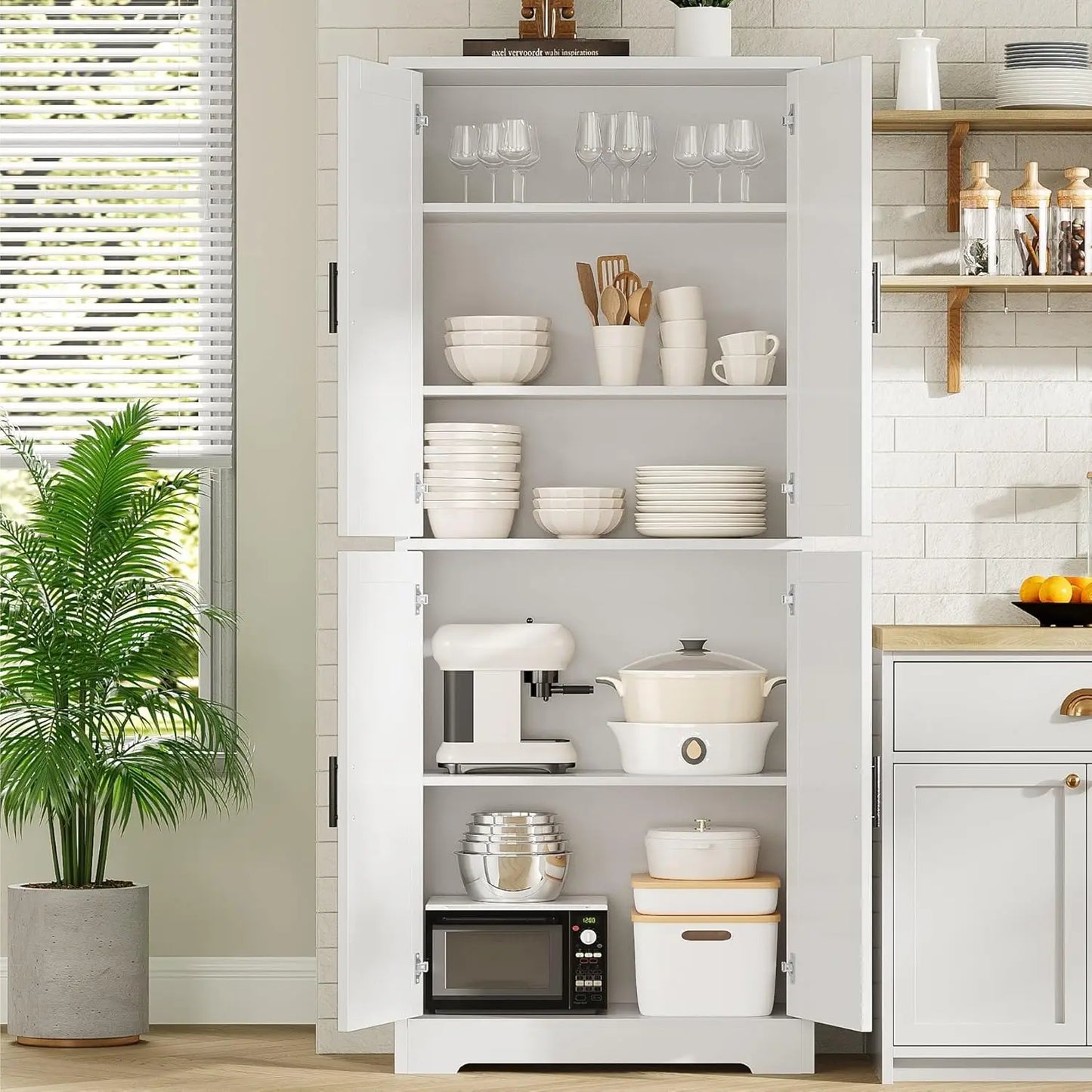 70 Inch Tall Kitchen Pantry Cabinet, Freestanding Storage Cabinet with 4 Doors and Adjustable Shelves, Utility Hutch Cupboard fo