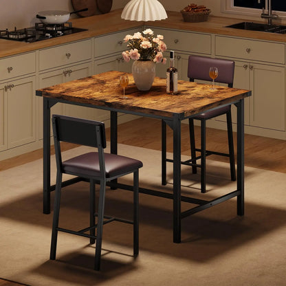Dining Table Set for 2 w/Counter Height Table & 2 Upholstered Bar Stools, 3-Piece Kitchen Table Set with Footrest & Corner