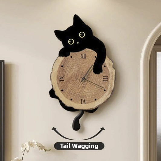 Cartoon Cat Wall Clock Creative Cat Tail Swing Wall Clock Quartz Mute Wall Clock Home Decoration Living Room Bedroom Decoration
