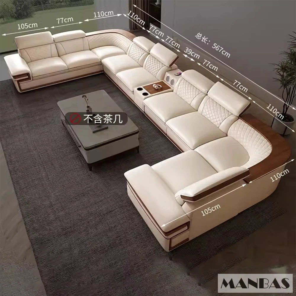 Premium Italian Genuine Leather Sofa Set for Living Room with Adjustable Headrests, Bluetooth Speaker, Wireless Charge