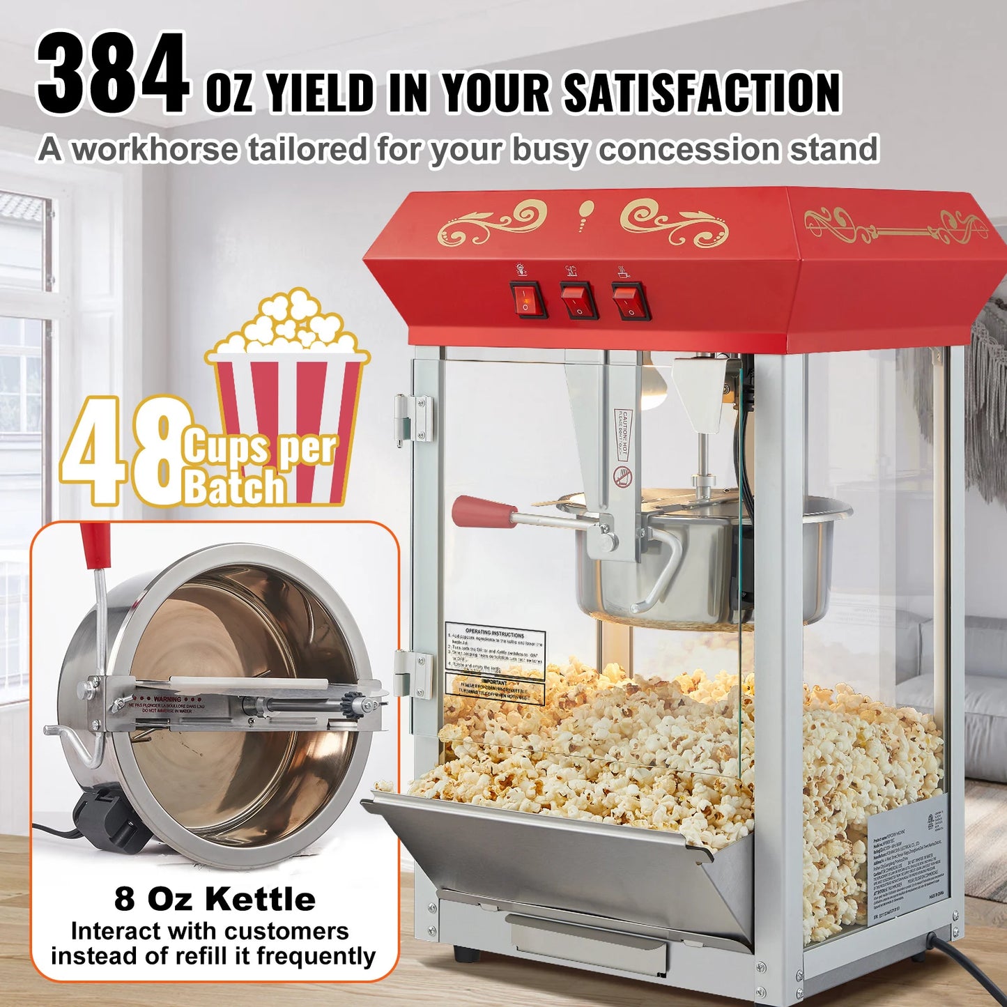 8/12Oz Electric Popcorn Maker Commercial Popper Machine  Automatic Corn Cookware with Scoop Spoon SUS304 Heating Tube