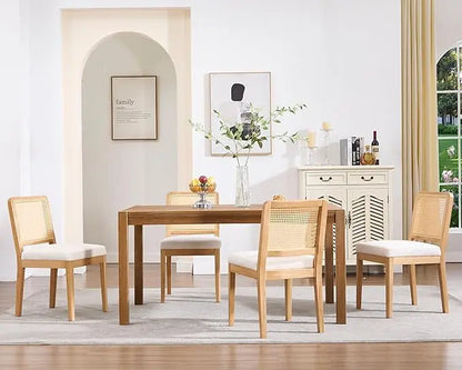 Modern Farmhouse Rattan Dining Chairs Set of 4 Beige Linen Upholstered Dining Room Chairs  Cane Back Mid Century Black Wooden