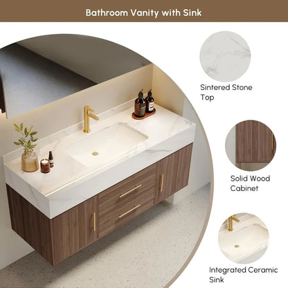 Floating Bathroom Vanity with Sintered Stone Vessel Sink 2 Drawers (Walnut with Doors, 39.4'')