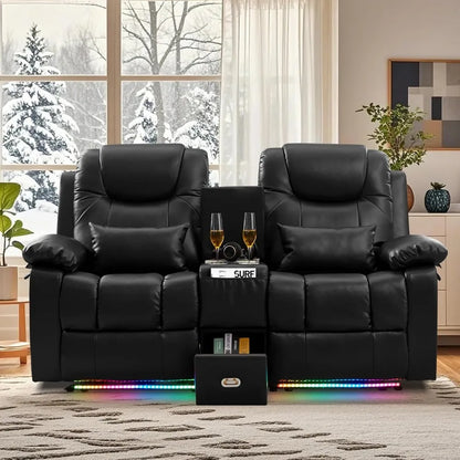 Power Reclining Sofa with LED Light for Living Room, Electric Double  Home Theater Seatings, Contemporary PU Leather