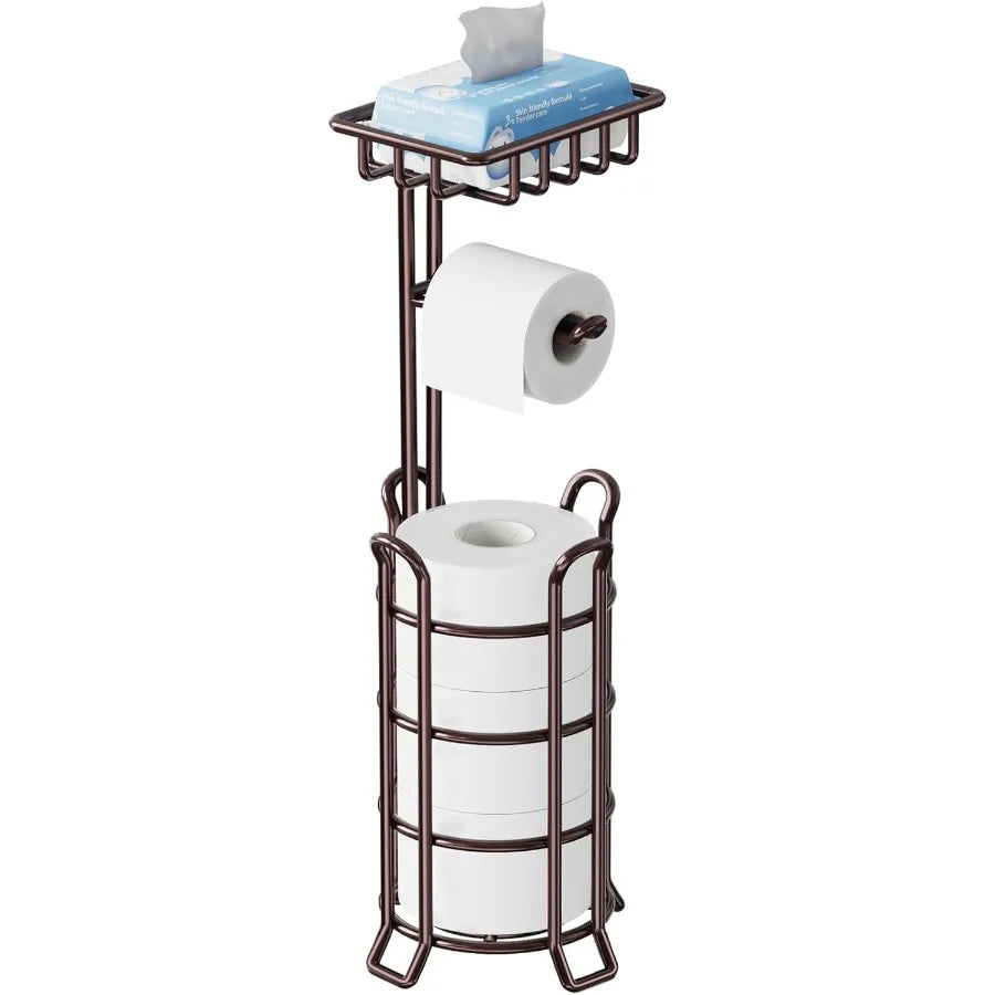 Upgraded metal freestanding toilet paper holder with 4 raised feet and integrated storage shelf for bathroom organization