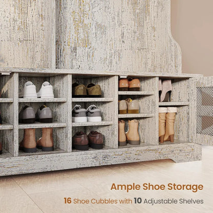 Hall Tree with Bench and Shoe Storage, 5-in-1 Entryway Bench with Coat Rack, 16 Shoe Cubbies & 12 Coat Hooks, Barn Door & Adjus