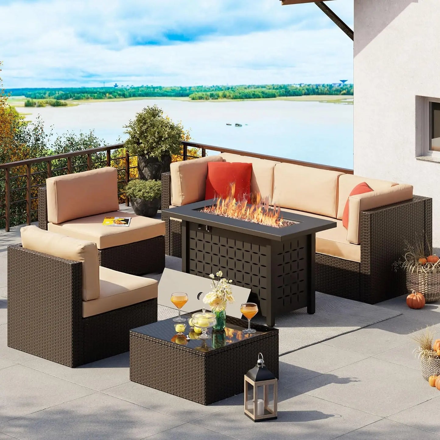 7 Piece Patio Furniture Set with Gas Fire Pit Table, Outdoor Conversation Sets Wicker Rattan Sectional Sofa with Coffee