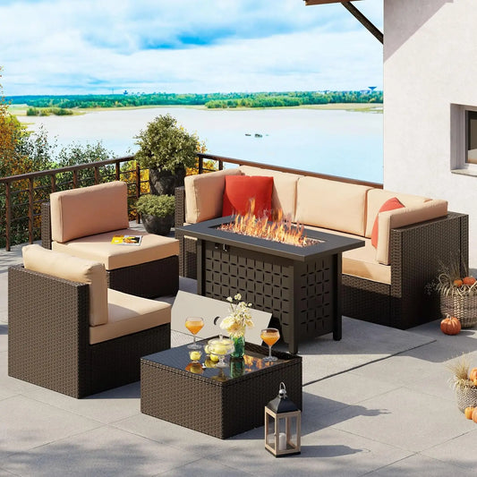 7 Piece Patio Furniture Set with Gas Fire Pit Table, Outdoor Conversation Sets Wicker Rattan Sectional Sofa with Coffee
