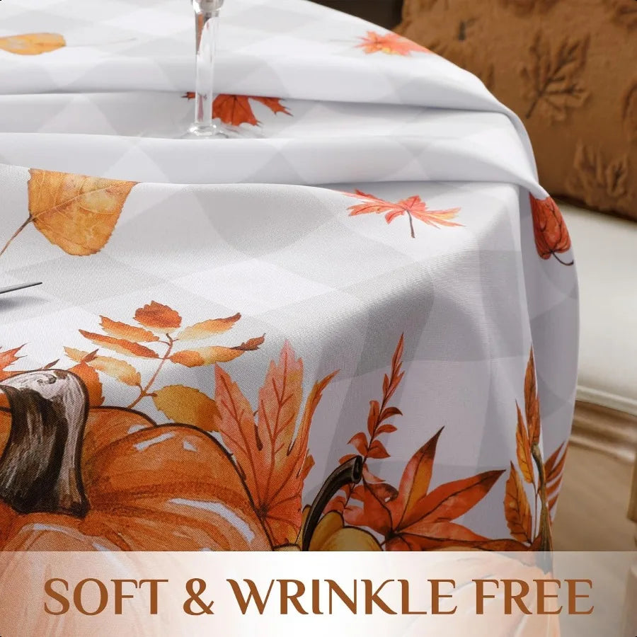 Fall Tablecloth 70x70 Inch Round Thanksgiving Autumn Harvest Pumpkin Buffalo Plaid Decoration Table Cloth Stain Resistant