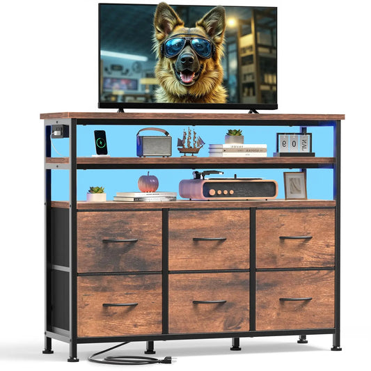 TV Stand Dresser For Living Room With 6 Fabric Drawers Storage Up to 45 inch TV Wood Top TV Media Console Table Cabinet