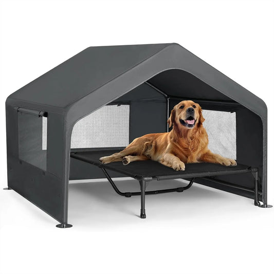 Large Dog House Outdoor with Elevated Bed, Weatherproof Pet Tent Shelter 4.1x4.1x3.3ft for Dogs Cats, Grey