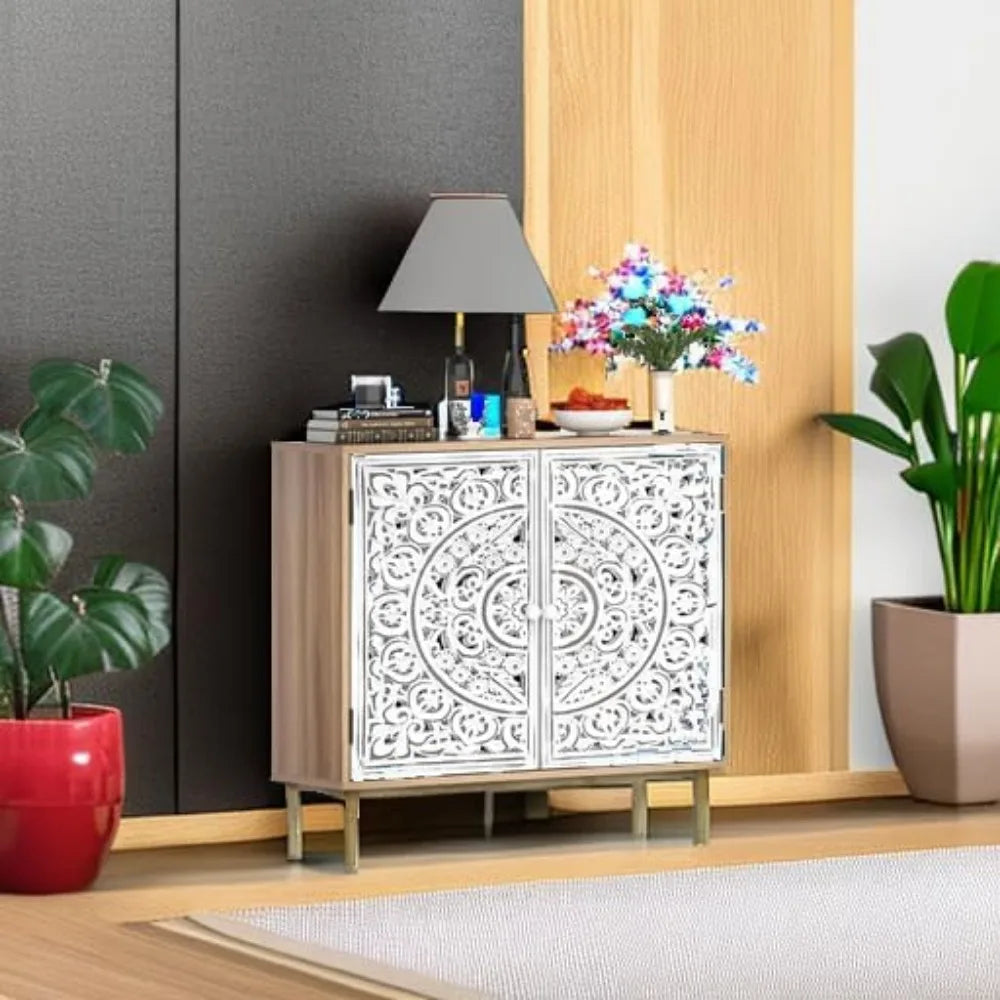 Accent Cabinet with 2 Doors, Carved Decorative Sideboard with Adjustable Shelf, Free-Standing Wood  Cabinet for