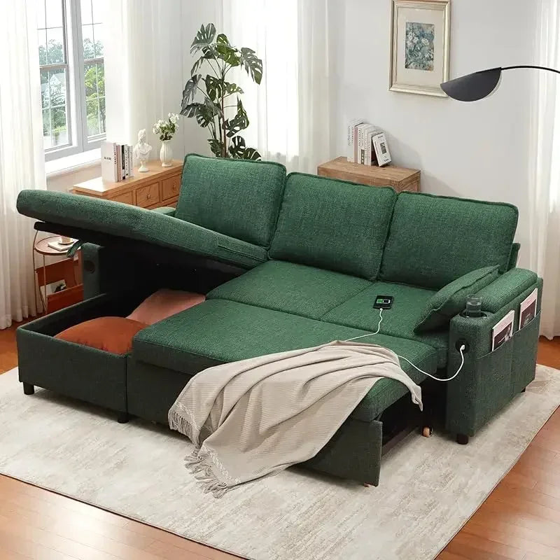 Sleeper Sofa Pullout Bed for Living Room.L Shaped Couch with Storage Chaise.USB.Cup Holder (Dark G