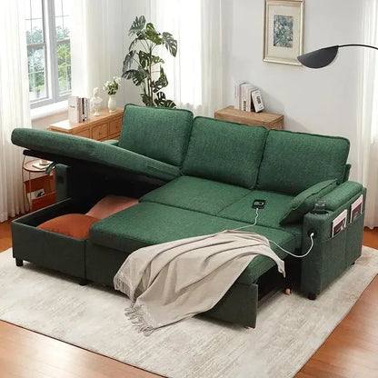 Sleeper Sofa Pullout Bed for Living Room.L Shaped Couch with Storage Chaise.USB.Cup Holder (Dark G