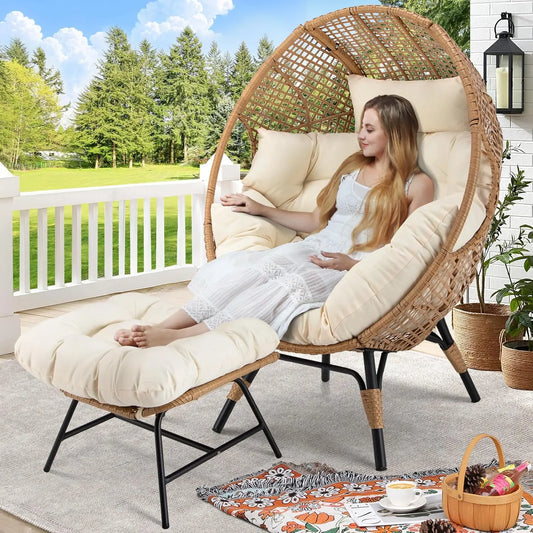 Wicker Patio Lounger with Ottoman, Oversized Rattan Egg Shaped Chair