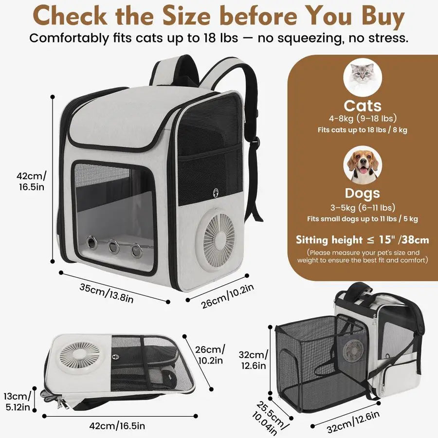 Backpack Carrier with Builtin Cooling Fan amp Heating Pad, Expandable Cat Carrier Backpack for Cats and Small Dogs, Ventilated T