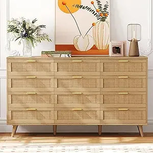12 Drawer Double Dresser for Bedroom, Rattan Chest of Dressers, Modern Wooden Dresser Chest with Golden Handles