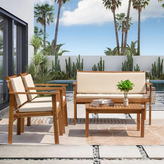 Outdoor Patio Furniture, 4 Piece Bistro Sofa Set with Coffee Table and Loveseat, Acacia Wood Conversation Sets with Cushions