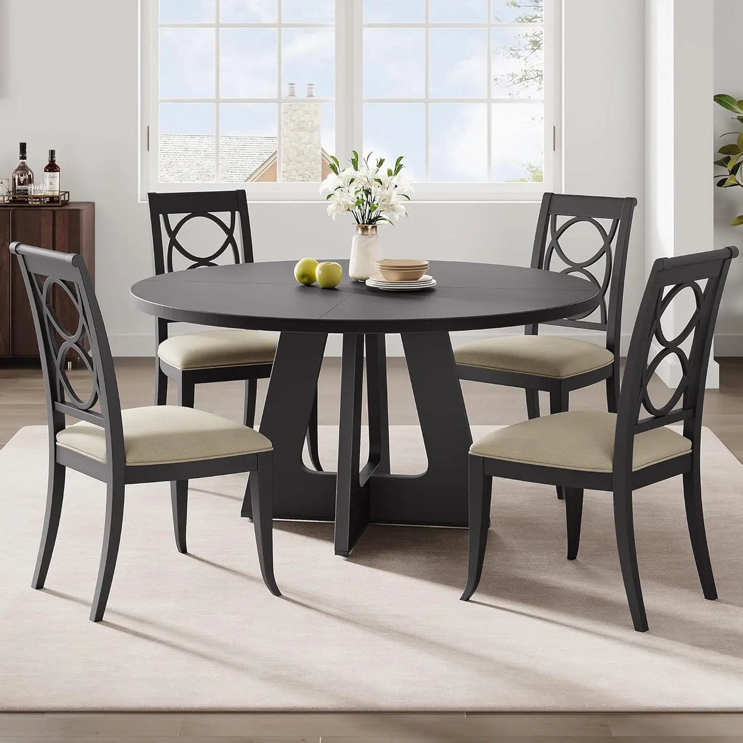 120 x 120 x 53 cm Round Dining Table for 4-6 People Space Saving Rustic Wooden Kitchen Table with Wood Base and Tabletop Black
