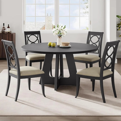 120 x 120 x 53 cm Round Dining Table for 4-6 People Space Saving Rustic Wooden Kitchen Table with Wood Base and Tabletop Black