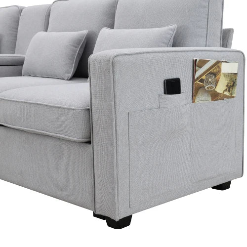 grey 104"4-Seater Modern Linen Fabric Sofa with 4 Pillows,Armrest Pockets,Minimalist Style Couch for Apartment,Living Room