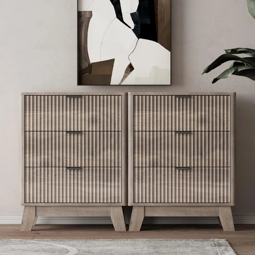 Night Stand Set 2,Mid Century Modern Fluted Wood Nightstand with Drawers & Metal Handles, Farmhouse Nightstand for Bedroom