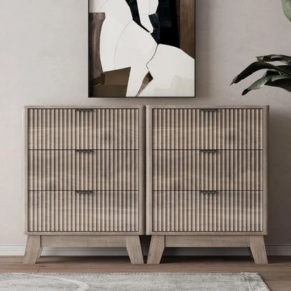 Night Stand Set 2,Mid Century Modern Fluted Wood Nightstand with Drawers & Metal Handles, Farmhouse Nightstand for Bedroom