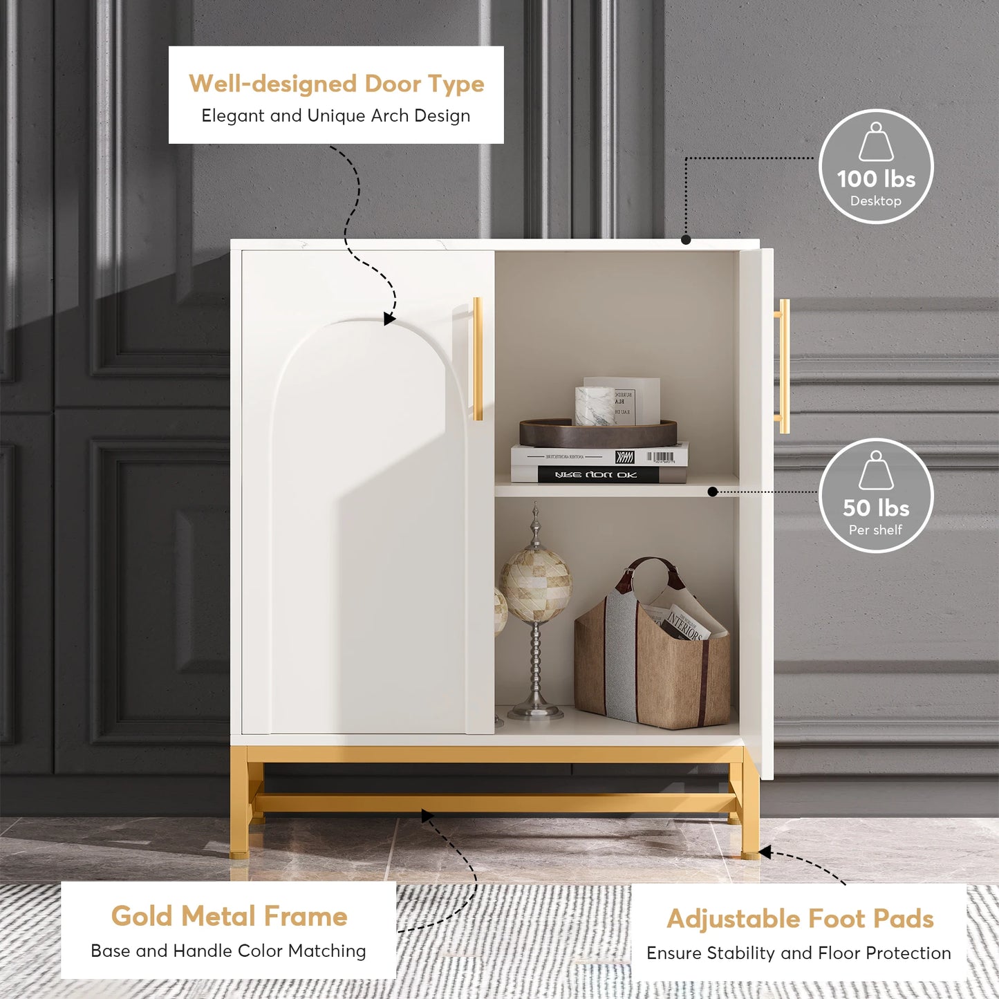 Modern Sideboards, Buffet Cabinet with 4 Doors and Adjustable Shelves (White)