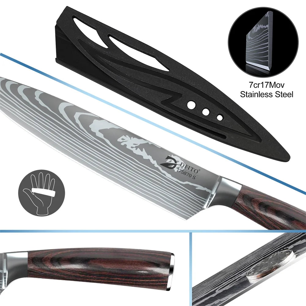 8pcs Kitchen Knife Damascus Stainless Steel Chef Knife Utility Paring Boning Cleaver Slicing Santoku Knives Nylon Bag