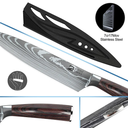 8pcs Kitchen Knife Damascus Stainless Steel Chef Knife Utility Paring Boning Cleaver Slicing Santoku Knives Nylon Bag