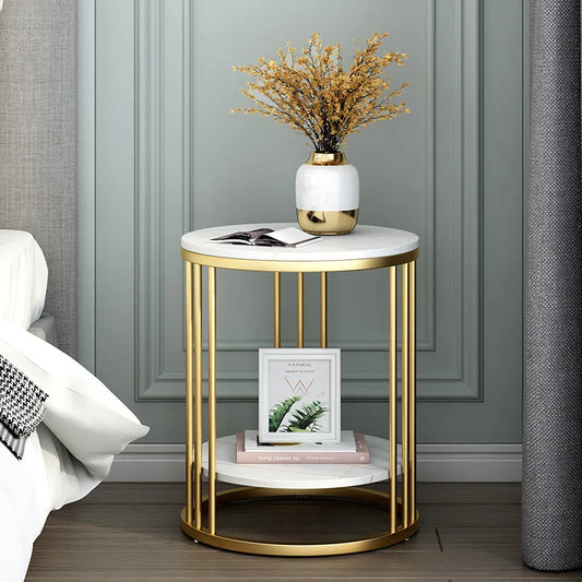 Round Marble Coffee Table, Sofa End Side Table, Metal Frame, Living Room Furniture