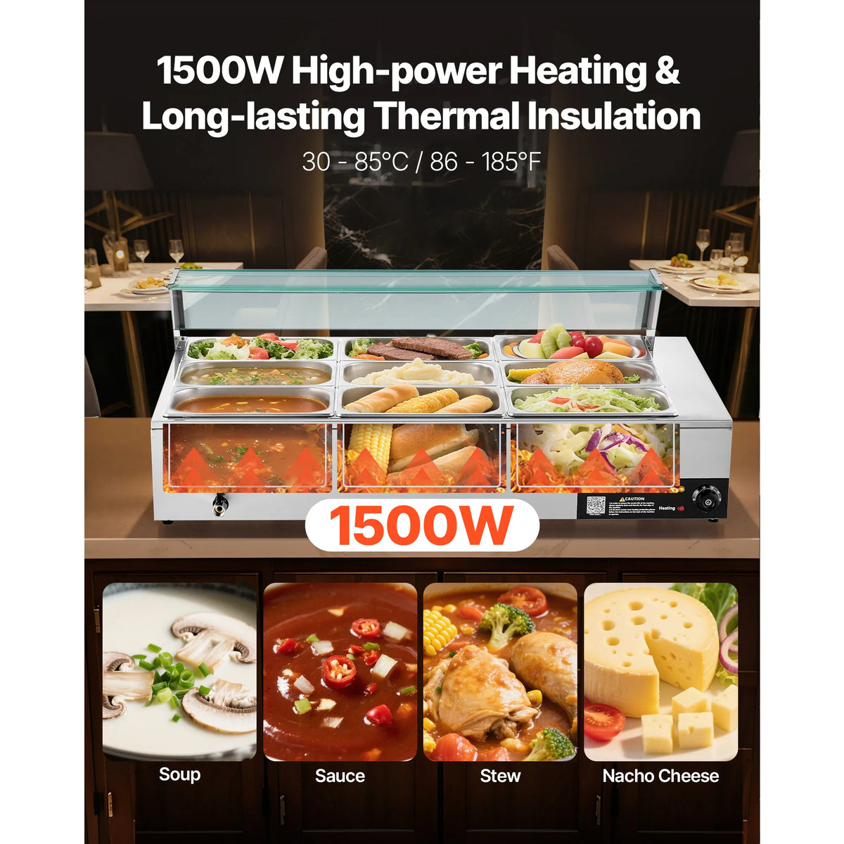 Food Warmer Electric Stainless Steel Steam Food Warmer Countertop Buffet Bain Marie with Soup for Catering