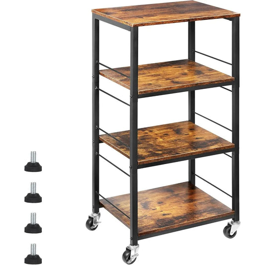 Industrial 4-Tier Rolling  Cart with Wood Utility Island and Storage, Farmhouse Style Bar Cart on Wheels