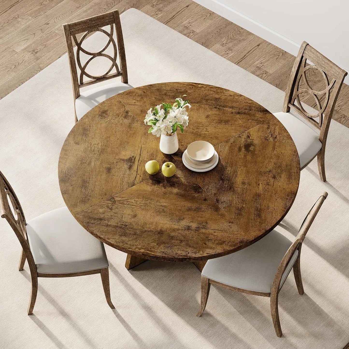 120 x 120 x 53 cm Round Dining Table for 4-6 People Space Saving Rustic Wooden Kitchen Table with Wood Base and Tabletop Black