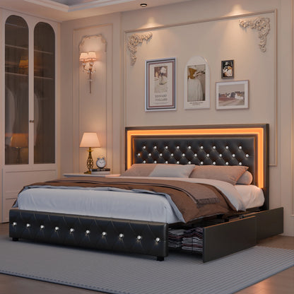 Queen LED Platform Bed Frame with 4 Storage, PU Leather, No Box Spring, Easy Assembly, 900lbs Capacity