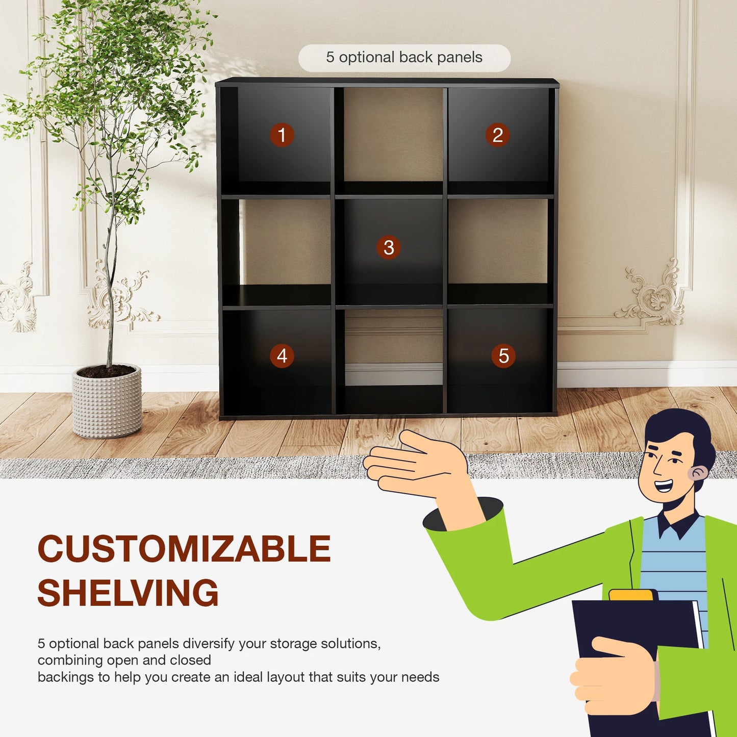 9 Cube Storage Organizer Wooden Shelf Bookcase Open Bookshelf for Living Room and Home Office Display